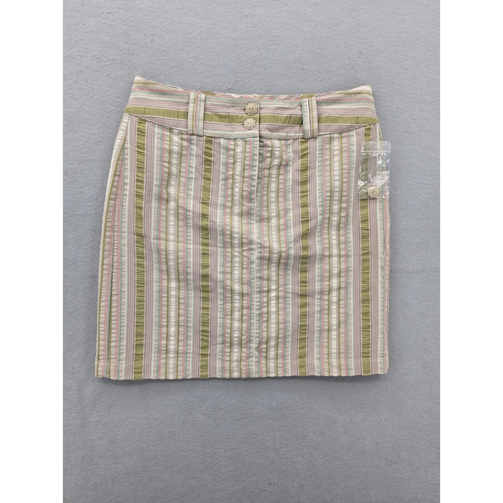 Cabi Striped Seersucker Mini Skirt Size 8 Green Pink Cotton Textured Style 309